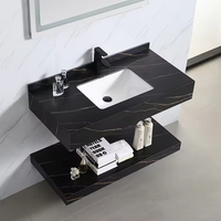 Ensemble de meubles de salle de bain de luxe au design moderne noir, personnalisable, écologique, facile à nettoyer, résistant à l'eau, en marbre, avec lavabo simple/double
