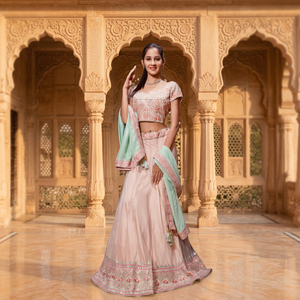 Pink Embroidered <b>Silk</b> and Crepe Lehenga Choli With Mint <b>Green</b> Dupatta For Wedding Wear - Product Image 5