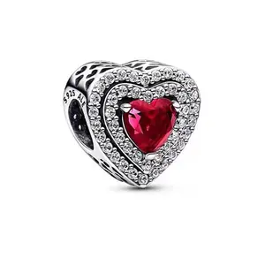 Pan S925 Sterling Silver Red Heart With Diamond Sparkling Bead Ring Necklace New Ruby DIY Accessories