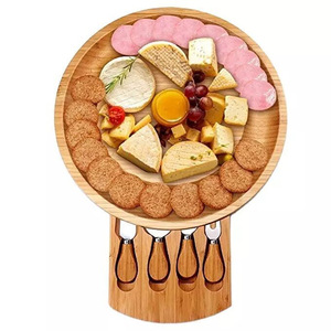 Round Bamboo <b>Cheese</b> Board <b>Set</b> With <b>Knife</b> Fork Portable Cutting Board For Outdoor Use - Product Image 5