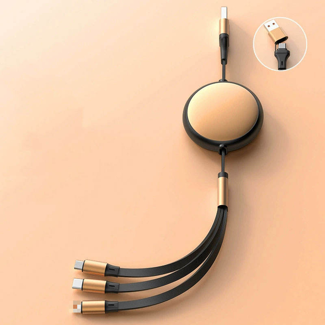 120W Retractable 3-in-2 Fast Charging Cable USB Type-C Micro 8-Pin Multi Port Super Fast Charger Cord Travel Use Mobile Phone