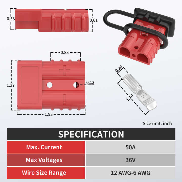 Connecteur Batterie 50A Rapide - Kit 4PCS 6 AWG Rouge - Pour Voiture, Van, Moto - 600V