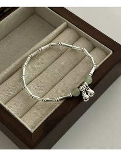 New 2024 New 925 Silver Material Shiny Silver Bamboo Knot Green Round Zircon <strong>Bell</strong> Bracelet - Product Image 3