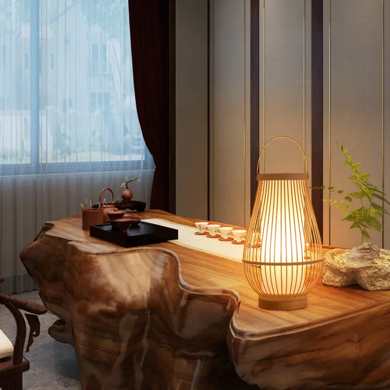 Искусственная натуральная ротанговая бамбуковая лампа ручной работы в японском стиле, декор для гостиной, гостиницы, ротанга и ткани, настольная лампа