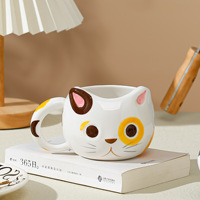 Tasse à café en céramique écologique de 430 ml avec soucoupe, motif chat de dessin animé, 3 couleurs, pour la maison, animaux mignons, eau, petit-déjeuner, lait, dessinée à la main, vente en gros