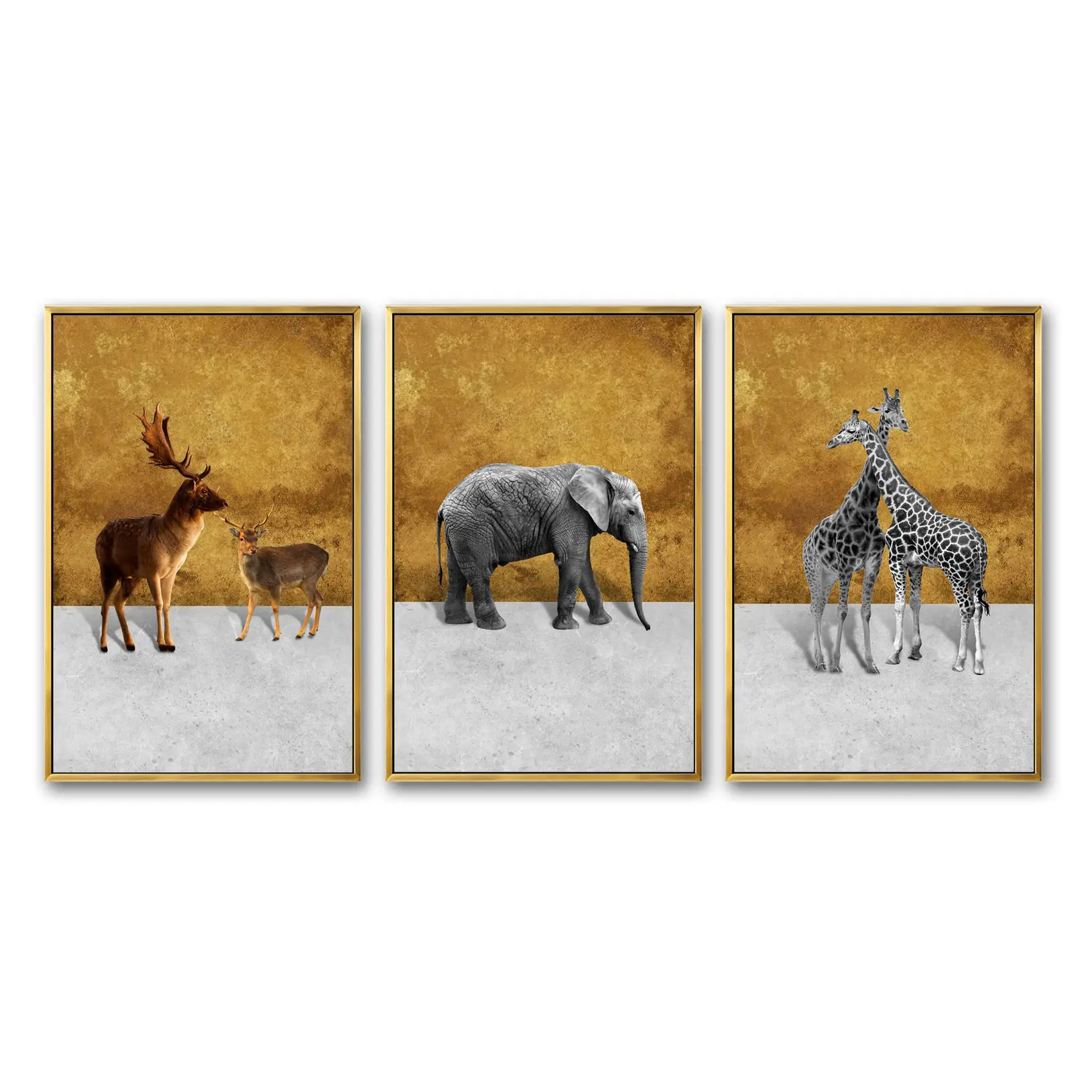 Luxury Golden Outer Frame Large Size Multi-Panel Canvas Wall Art Decor LED Animal Canvas Prints Still Life Home Decor
