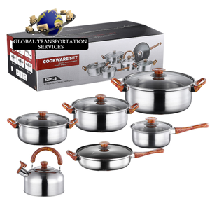 Juego de utensilios de cocina de acero inoxidable de 12 piezas con hervidor, olla y sartén antiadherentes para la cocina del hogar. - Product Image 1
