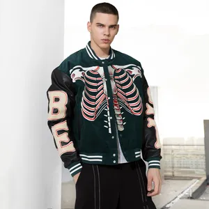 Personalizada Skull Bones bordar chaqueta de pana Patchwork cuero contraste más tamaño de los hombres chaquetas de Bombardero