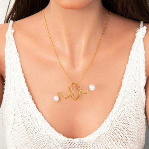 European And American <b>Cross</b> Border Curved Hollow Stainless Steel Necklace With Pearl Pendant 18K Gold Clavicle <b>Chain</b> For Women - Product Image 1