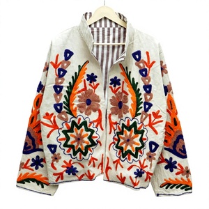 Veste universitaire d'été pour femme en coton brodée à la main motif floral, col mandarin, manches longues, longueur standard, écologique, séchage rapide - Product Image 1