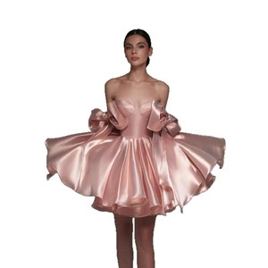 Robes de soirée courtes en satin avec nœud, sans bretelles, pour demoiselles <span class=keywords><strong>d</strong></span>'<span class=keywords><strong>honneur</strong></span>, mariage, fête, bal de promo, anniversaire, longueur genou, à lacets - Product Image 5