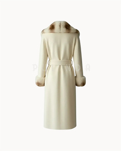 <strong>Full</strong> <strong>Length</strong> Cashmere-wool Blend Coat with Rex Rabbit Fur Collar and Cuffs Dyed Chinchilla Color Brown Cashmere <strong>Cardigan</strong> Women's - Product Image 2