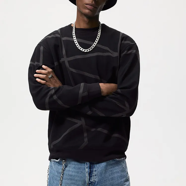 Dec Oem Custom Premium Quality Black Sweatshirts Stripe Printed Round Neck French Terry Knitted Unisex Crew Neck Sweatshirt Men