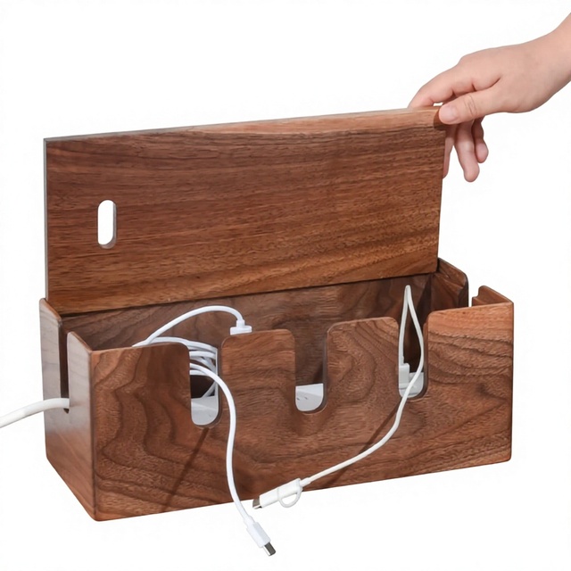 Handmade Wooden Cable Management Box Wood Cord Hider & Organizer for Power Strip Electrical Hiding TV Wires Desk & Floor Cables