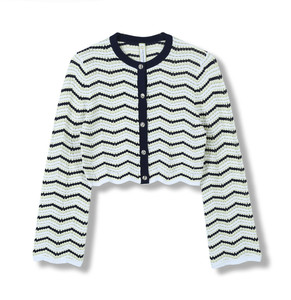 <span class=keywords><strong>Pull</strong></span> à col rond à manches longues pour femmes, printemps-été 2025, sur mesure OEM et ODM, couleur contrastée, rayures ondulées, cardigan en tricot avec boutons - Product Image 2