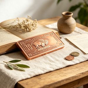 Barre de cuivre de 999e pureté de dix onces, plaquée et gaufrée, motif bison, plaque rectangulaire, pièce d'art antique de collection, pour collection ou cadeau - Product Image 1