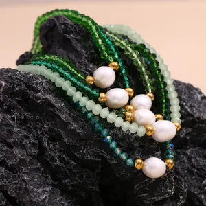 Green Resin Beaded Jewelry Fresh Water Pearl Chain Necklace Stainless Steel Choker