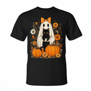 Camiseta Vintage de Halloween con Fantasma Sosteniendo Gato Negro y Diseño Floral, Talla Mediana, Diseño Otoñal, Unisex, Cuello Redondo, Manga Corta, Impresión Digital - Product Image 2
