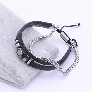 PICKUP Men Jewelry Stainless Steel Magnetic Clasp Leather Cord Single Row Bead Bracelets