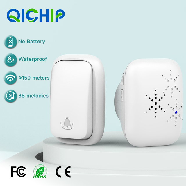 White EU UK US Plug Push-button Ring Bell Wireless Doorbell Waterproof Smart Battery Free Door Bell Kinetic Doorbell