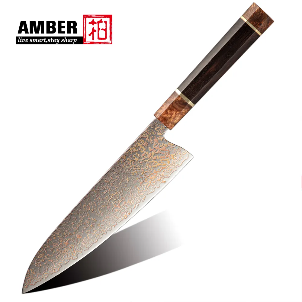 Amber Wooden Handle 8inch Razor Sharp Copper Damascus Knife chef knife with japanese vg10 super steel core