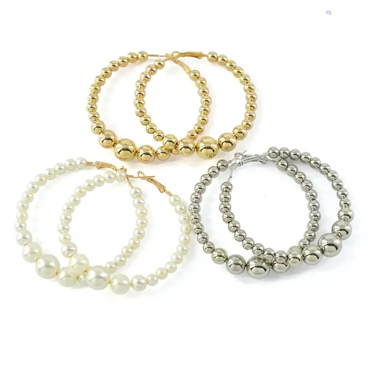 Wholesale Gold Plated Beads Earring Handmade Beaded Silver Earrings Metal Pearl Hoop Earring For Women