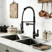Keran Dapur Stainless Steel Model Tarik Keluar dengan Dua Lubang Keluar Air, Warna Hitam Matte dan Rose Gold, Dilengkapi Spring Spout