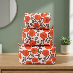 Ensemble de trousses de toilette en coton style floral orange, 3 pièces, fermeture éclair, style bohème, multifonctionnel, pour voyage, disponible en ligne - Product Image 2