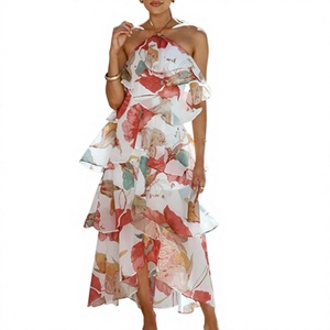 Vestido de Verano Estilo Europeo con Cuello Halter, Hombros Descubiertos, Estampado Floral, Chifón con Volantes y Recortes para Mujer - Product Image 1