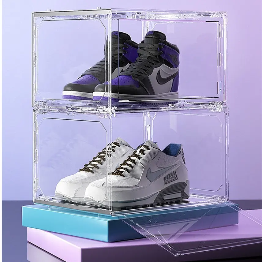 Magnetic clear stackable shoe boxes transparent PET shoebox storage plastic cabinet