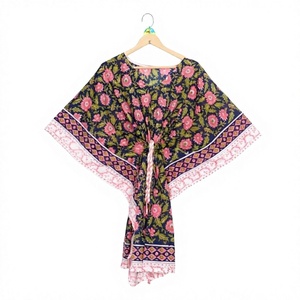 Caftán sin mangas con cuello en V 100% algodón ecológico, diseño floral indio, corto, informal, para playa, cubre bikini, para mamás, natural - Product Image 1