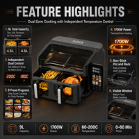 Friteuse à air numérique visible à double panier et double tiroir 2400W 9L, 9 programmes de cuisson automatiques, protection contre la surchauffe, coupure de sécurité