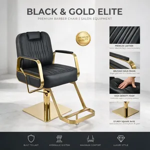 Sillón de Peluquería Hidráulico de Lujo en Negro y Dorado, Sillón de Barbería de Cuero PU Ajustable y Reclinable para Salón de Belleza y Spa - Product Image 3