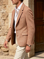 Veste de Costume Homme Personnalisée Marron Camel en Laine Chevrons à Col Cranté Simple Boutonnage Laine et Polyester Style Vintage Old Money Business