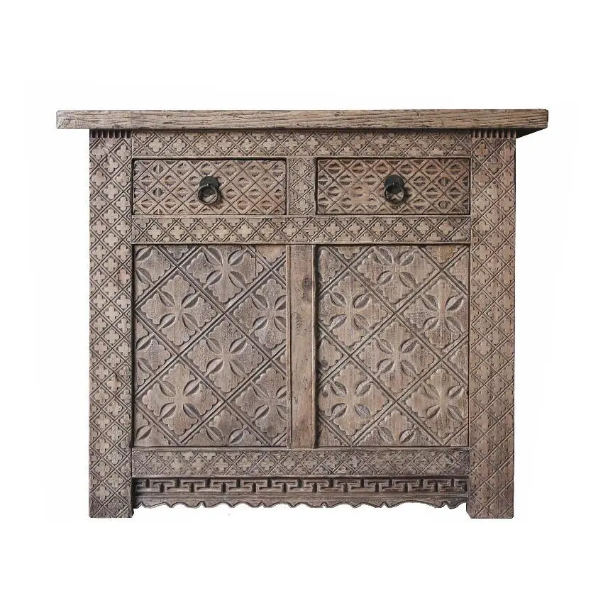 Antique Rustic finish home furniture Solid Reclaimed Wood Natural Carved Retro High Console Cabinet