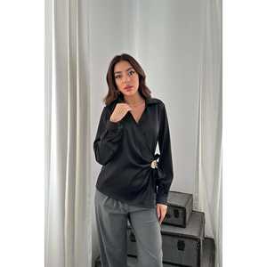 เสื้อสตรีผ้าซาตินสีดำทรงหลวม ติดกระดุม ไซส์ XL สไตล์วินเทจ สำหรับฤดูใบไม้ผลิและฤดูใบไม้ร่วง ขายส่ง - Product Image 4