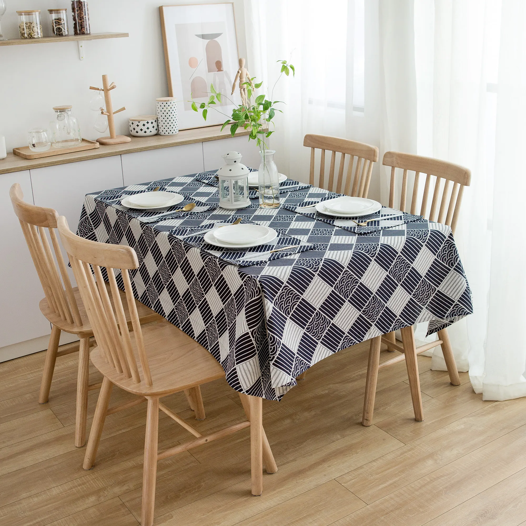 Hot sale blue color geometric pattern table cloth cover for home decoration