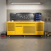Armoire à outils mobile en acier robuste de 84 pouces, poste de travail à 22 tiroirs avec panneau arrière perforé et plan de travail en bois de caoutchouc, personnalisable OEM