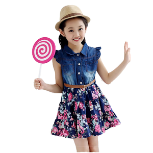Vestido de Verano para Niñas de 4 a 7 Años, Cuello Redondo, Manga Corta, Diseño Floral con Parches de Mezclilla, Cinturón, Alta Calidad - Product Image 1