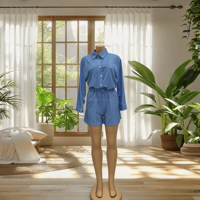 Ensemble deux pièces décontracté en tissu respirant imprimé bleu et rose à motif de dessin animé pour femme, collection printemps 2026 (pantalon et chemise) - Vente en gros