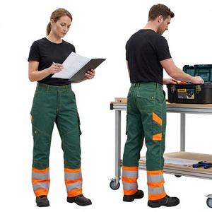Unisex <b>Green</b> Reflective Work <b>Pants</b> with Orange Stripes Multiple Pockets CE/EU Certified Windproof for Safety Wear - Product Image 1