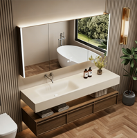 Meuble-lavabo de salle de bain en pierre de haute qualité, personnalisé, étanche, avec panneau, miroir, lavabo et robinet