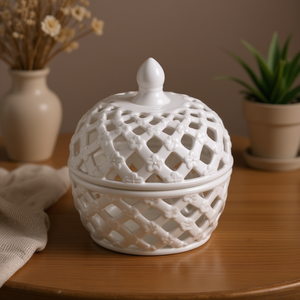 Jarrón de cerámica blanco con tapa, diseño de rejilla, objeto decorativo para exhibir en la mesa del hogar. - Product Image 2