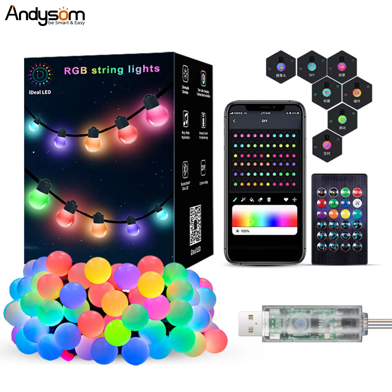 DIY Mode App Control Mini Globe Outdoor Garden Decoration Smart RGB String Lights for Holiday Decorate