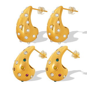 Pendientes colgantes con forma de lágrima, engaste de bisel de diamantes de imitación dorados, joyería de fiesta, poste de acero inoxidable para la oreja - Product Image 5
