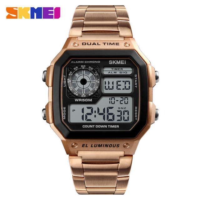 Skmei 1335 Digital Watch Men Stainless Steel Strap Dual Time Sports Watch Alarm Chronograph Waterproof Retro Watch for Male