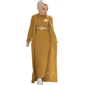 두 조각 중동 골지 카디건 아바야 여성 이슬람 드레스 2023 두바이