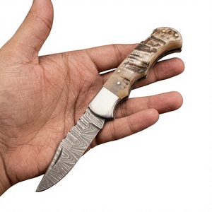 High Quality Damascus Steel <b>Folding</b> Blade Pocket <b>Knife</b> Sheep Horn Handle Hunting Camping Use 58 HRC Hardness 3-Year Warranty - Product Image 2