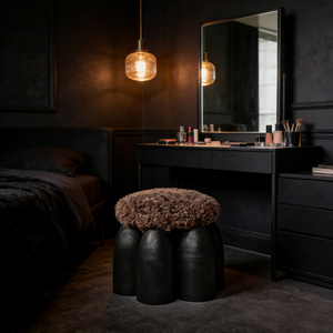 Modern Ottoman | Solid Wood Base Round Lamb Wool Fur Footstool <strong>Small</strong> Tufted <strong>Pouffe</strong> for Living Room Bedroom Showhome Home Decor - Product Image 3