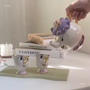 Théière en céramique plaquée or La Belle et la Bête avec motif vent, tasses Mme Potts et Mme Aqi - Cadeau d'anniversaire et de Noël - Product Image 4